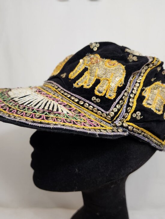 Other - Vintage Kalagan Elephants Embroidered Sequined Hat Velvet 24.25"
